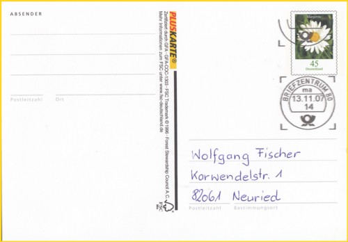 Nicht nur Großbriefe, sondern auch kleinere Sendungen wie Postkarten kann die "GSA Neu" sortieren und entwerten - hier das offiziell angekündigte Ersttagsdatum der Tintenstrahlentwertung der Siemens-Maschine aus dem BZ 80 vom 13. November 2007