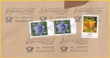 Briefausschnitt eines Einschreiben Großbriefes mit der bekannten Frankierwelle, hier vom BZ 68 vom 14. Oktober 2013