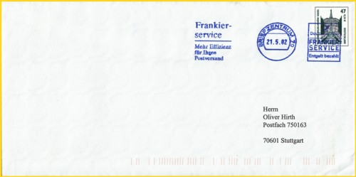 Umgerüstete Frankiermaschine auf Tintenstrahldruckbasis, die im Bereich des Frankierservice eingesetzt wurde - hier als Vorausentwertung im Auftrag des Kunden eines Plusbriefes mit blauer Tinten vom 21. Mai 2002zt wurde