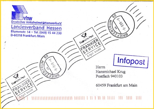 Infopostsendung Format C6, ausnahmsweise mit Handrollstempel der Firma Raab GmbH Oberursel aus der Versuchszeit am 9. September 1999 gestempelt. Erkennbar sind diese Stempel an den mittig anfangenden Stempeltext "Briefzentrum 60"