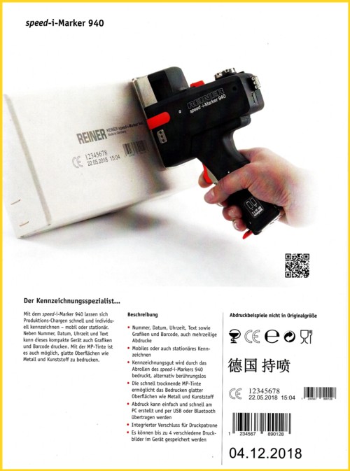 Tintenstrahl-Handdrucker Modell "Speed-i-Marker" der Firma Reiner GmbH - Ausschnitt aus der Broschüre der Firma Reiner