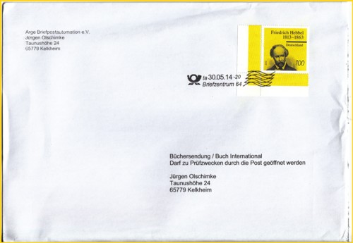 Büchersendung der Arge Briefpostautomation e.V. mit Versuchsstempel mit Unterscheidungsbuchstaben "ta" vom BZ 64 am 30. Mai 2014 entwertet