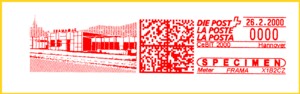 Vorführstempel der Firma Frama bei der CeBIT 2000 mit 2-D-Barcode Vorführstempel der Firma Frama bei der CeBIT 2000 mit 2-D-Barcode