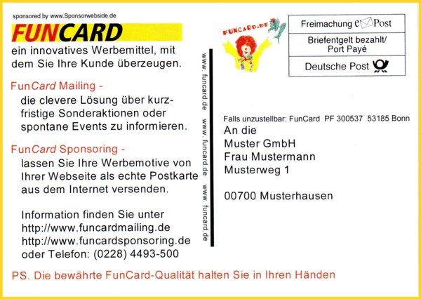 FunCard mit Postwerbung für die neuen Produkte FunCard Mailing und FunCard Sponsoring - verteilt auf der CeBIT 2000 auf dem Postmessestand FunCard mit Postwerbung für die neuen Produkte FunCard Mailing und FunCard Sponsoring - verteilt auf der CeBIT 2000 auf dem Postmessestand