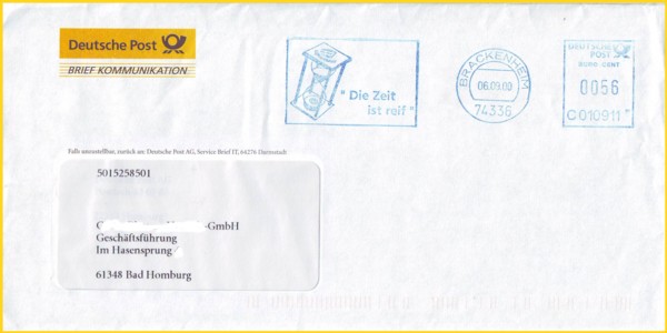 Werbeaktion der Deutschen Post durch einen Letterschop zur Umstellung der Frankiermaschine auf Euro mit einem der ersten Absenderfreistempel mit blauer Farbe aus den ersten Tagen nach dem Start hier vom 6. September 2000 Werbeaktion der Deutschen Post durch einen Letterschop zur Umstellung der Frankiermaschine auf Euro mit einem der ersten Absenderfreistempel mit blauer Farbe aus den ersten Tagen nach dem Start hier vom 6. September 2000