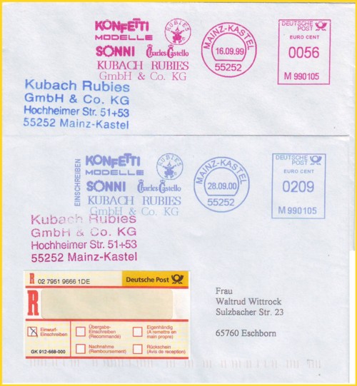 Absenderfreistempel vom neuen Hersteller Melex zugelassen im Herbst 1999 noch in rot (geplant war schon alles in blau) und daher auch einer der ersten, die auf blau umgerüstet haben - hier von einer Firma aus Mainz Kastel vom 16. September 2000 Absenderfreistempel vom neuen Hersteller Melex zugelassen im Herbst 1999 noch in rot (geplant war schon alles in blau) und daher auch einer der ersten, die auf blau umgerüstet haben - hier von einer Firma aus Mainz Kastel vom 16. September 2000