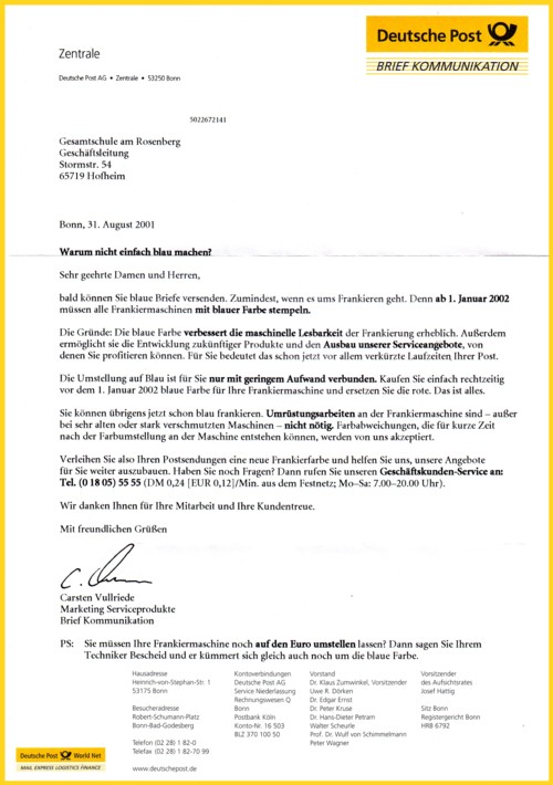 Das dazugehörige Begleitschreiben aus dieser Werbeaktion Das dazugehörige Begleitschreiben aus dieser Werbeaktion