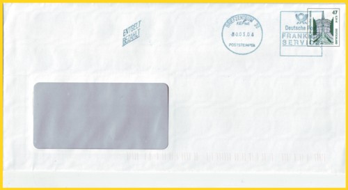 Ein ganz ungewöhnlicher Frankierservicestempel hier zur Absenderstempelung eingesetzt - das Klischee war nur wenige Wochen im Einsatz