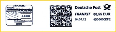 Absenderfreistempel mit der Kennung 4D06000DFE der Stadt Bochum mit dem Werbeteil in Form eines Sonderstempels für die Deutschen Leichtathletikmeisterschaften 2012 in Bochum Wattenscheid, hier als nachträglicher Abschlag von der Stadt Bochum für Abbildungszwecke