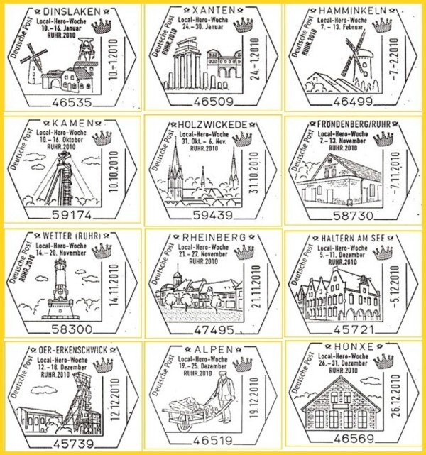Einige der vielen Sonderstempel zu den "Local-Hero-Wochen Ruhr 2010"