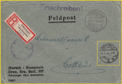 Ein Feldpost Einschreiben mit dem Tagesstempel "Tiborlager" mit Unterscheidungsbuchstaben "b"