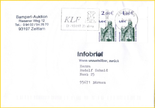 Infobrief Kompakt aus der 5. Gebührenperiode mit einer Doppelfrankatur SWK Bachdenkmal 40 Cent vorausentwertet am 29.11.2005 - Vorlage Briefmarkenversand Klaus Pietsch
