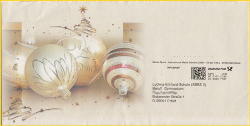 Ein schöner Infobrief bis 20 Gramm, freigemacht mittels Internetmarke im Dezember 2011 - zu diesem Zeitpunkt wurde schon die Umsatzsteuer erhoben, der Brief kostete also mit Steuer 42 Cent, die allerdings über die Liste erhoben wurde. Da der Absender hier eine Firma war dürfte er die Mehrwertsteuer als Vorsteuer weiter geschoben haben und tatsächlich nur 35 Cent gezahlt haben