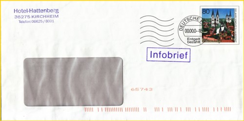 Der erste und einzige Infobrief-Plusbrief aus der DM-Phase aus Pilotversuch zu diesem neuen Produkt - hier echt gelaufen und mit der Besonderheit, daß die gelesene PLZ zusätzlich in Klarschrift aufgespritzt wurde
