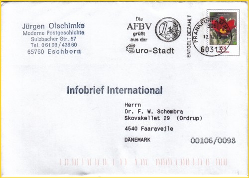 Es handelt sich hier um einen Standard-Infobrief International mit 16 Gramm Inhalt.Der Stückpreis beträgt 45 Cent, der Kilopreis 0,016 * 8,00 Euro = 12,8 Cent aufgrundet 13 Cent zusammen also beträgt das Porto ohne MST exakt 58 Cent, die mittels Briefmarke verklebt bzw. hier als Plusbrief 58 Cent benutzt und mit Vorausentwertung am 12.12.2012 entwertet wurden