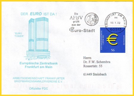 Schmuckumschlag "Der Euro ist da" + schöner Werbestempel