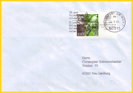 Einzelfrankatur aus Block 50 Jahre Deutschland mit nicht alltäglichen Stempel