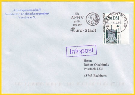 Ersttagsbeleg 47 Pfg. / 24 Cent SWK als Infopostbrief 5.4.2001
