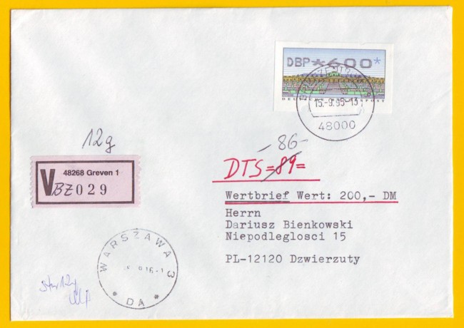 Auslands-Wertbrief abgefertigt im Briefzentrum 48000, mit Wertbriefzettel 48268 Greven und BZ-Vermerk