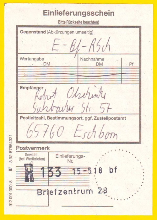 Einlieferungsschein vom Briefzentrum 28 Einlieferungsschein vom Briefzentrum 28