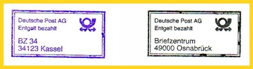 "Entgelt bezahlt" Vermerk aus Kassel und aus Osnabrück "Entgelt bezahlt" Vermerk aus Kassel und aus Osnabrück