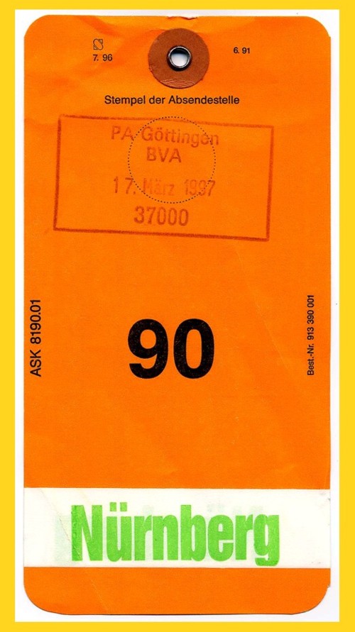 NLP-Beutelfahne mit Öse ans BZ 90 mit Rechteckstempel PA Götingen BVA 17. März 1997 + (PLZ) 37000