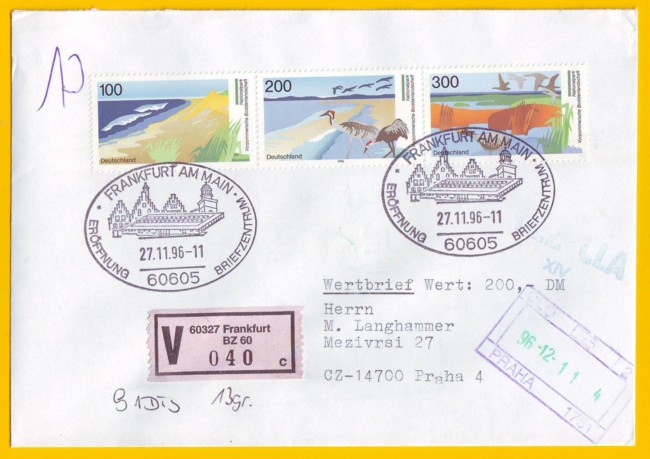 Auslandswertbrief mit Sonderstempel zur Eröffnung des Briefzentrums Frankfurt und Wertbriefzettel BZ 60