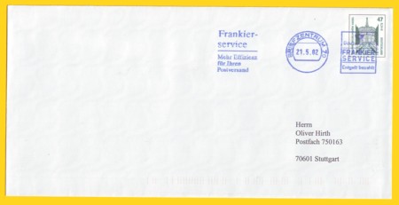 Plusbrief mit ungewöhnlicher Entwertung - mit Frankierservice Tintenstrahlentwertung in blau vom BZ 70